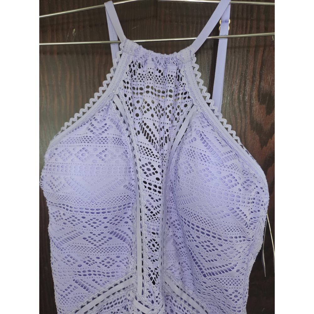 BECCA Color Play Crochet Plunge One Piece Swimsuit Size 14 16 OX Purple NWT - Picture 2 of 16